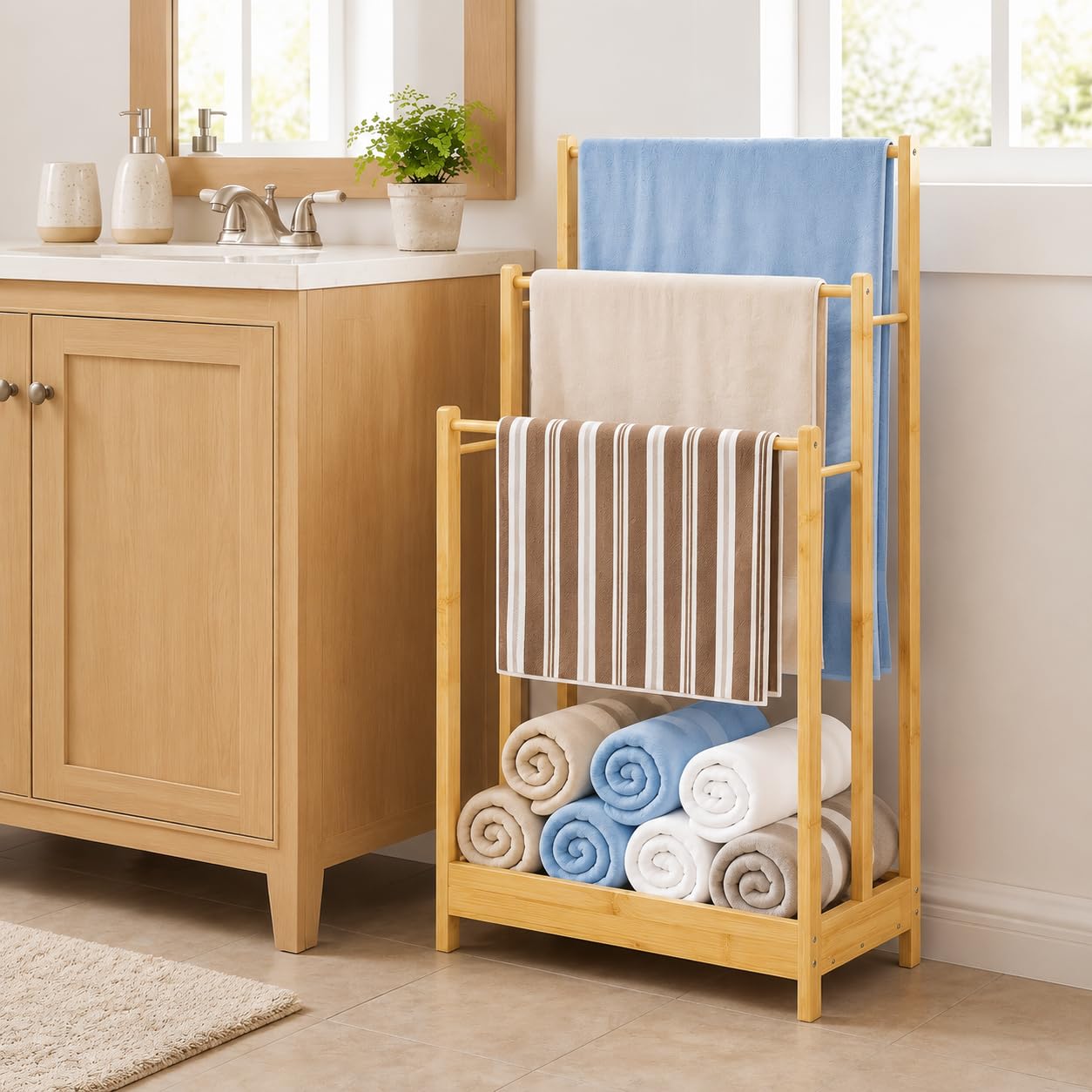 GOFLAME 3-Tier Free Standing Towel Rack with Storage Shelf, Bamboo, Natural
