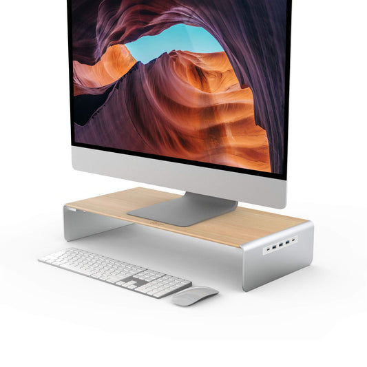 j5create Wooden Monitor Stand with USB Type C/HDMI Docking Station - USB 3.1 C to C Cable Included - Handmade Wood Panel with Aluminum Riser for Computer Screens, Laptops, TV