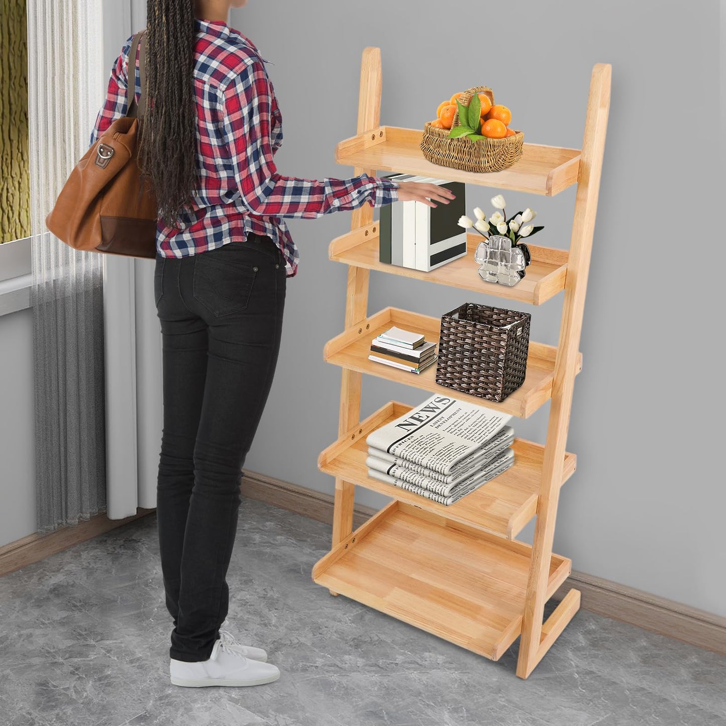 awolsrgiop Ladder Bookshelf, 5 Tier Leaning Bookshelf Leaning Ladder Shelf with Stable Structure Rustic Style Ladder Shelves Storage Rack for Living Rooms, Bedrooms, Study Rooms (Wood Color)