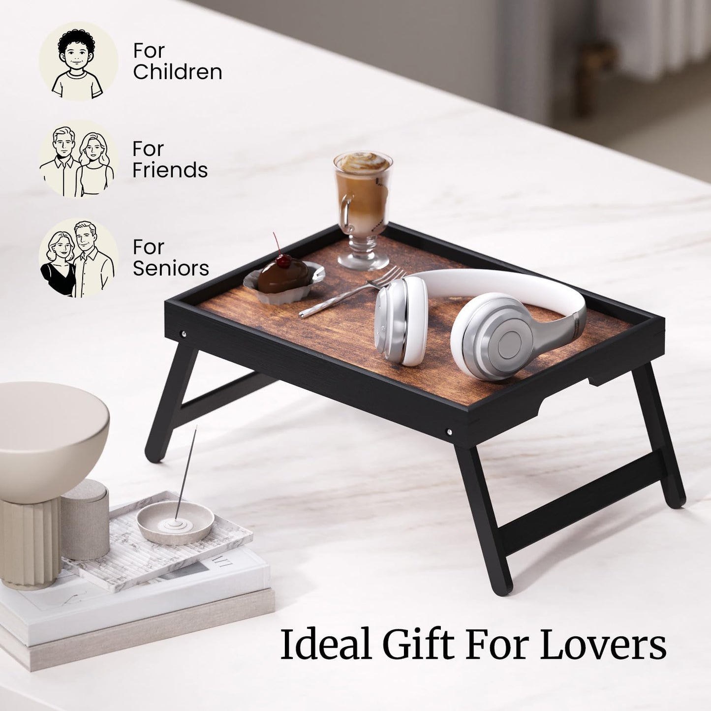 Fibogollo 2 Pack Wooden Bed Tray Table with Folding Legs,Breakfast Trays,Serving Tray for Food and Snack,Laptop Trays for Working
