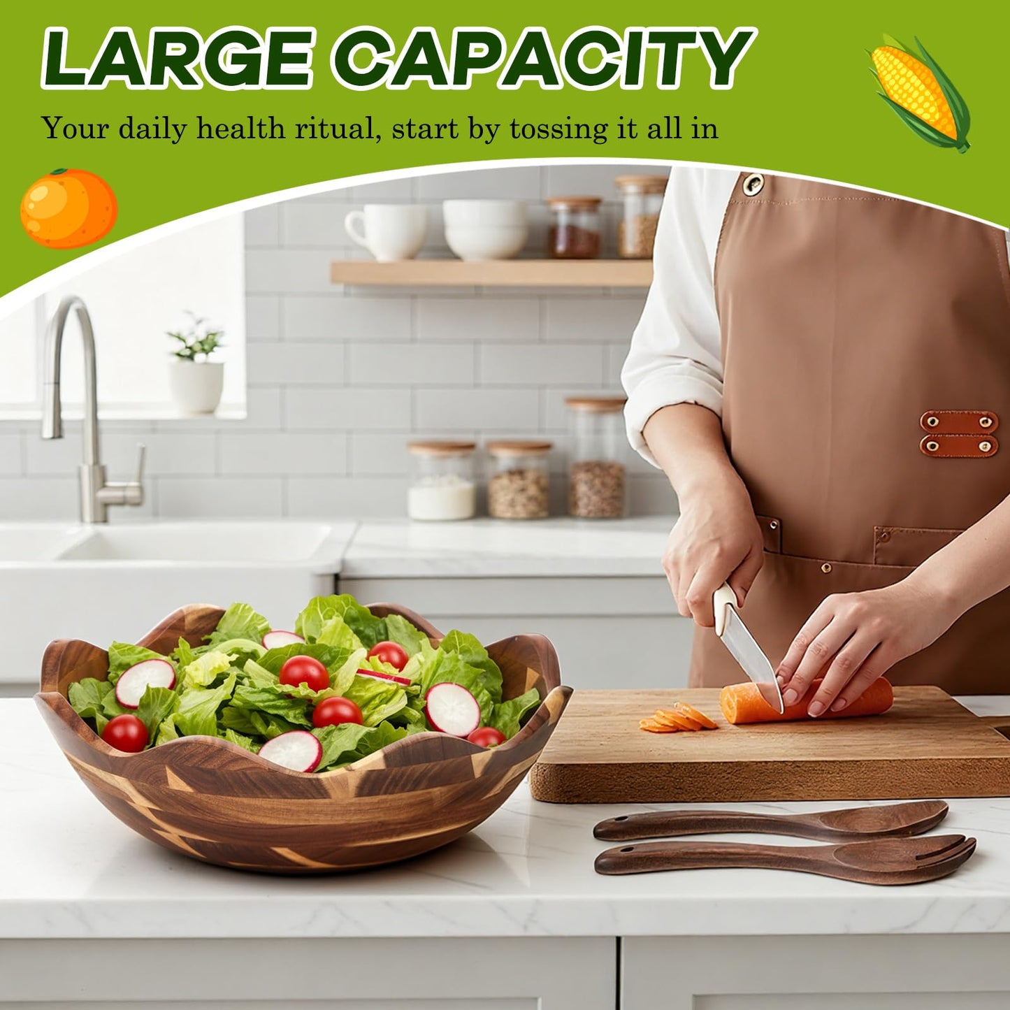 Geiserailie 15 Inch Acacia Wood Salad Bowl Set Extra Large Scalloped Farmhouse Serving Bowl with 2 Wooden Spoons Handmade Mixing for Fruit, Pasta, Entertaining, Wedding Registry, Kitchen Decor