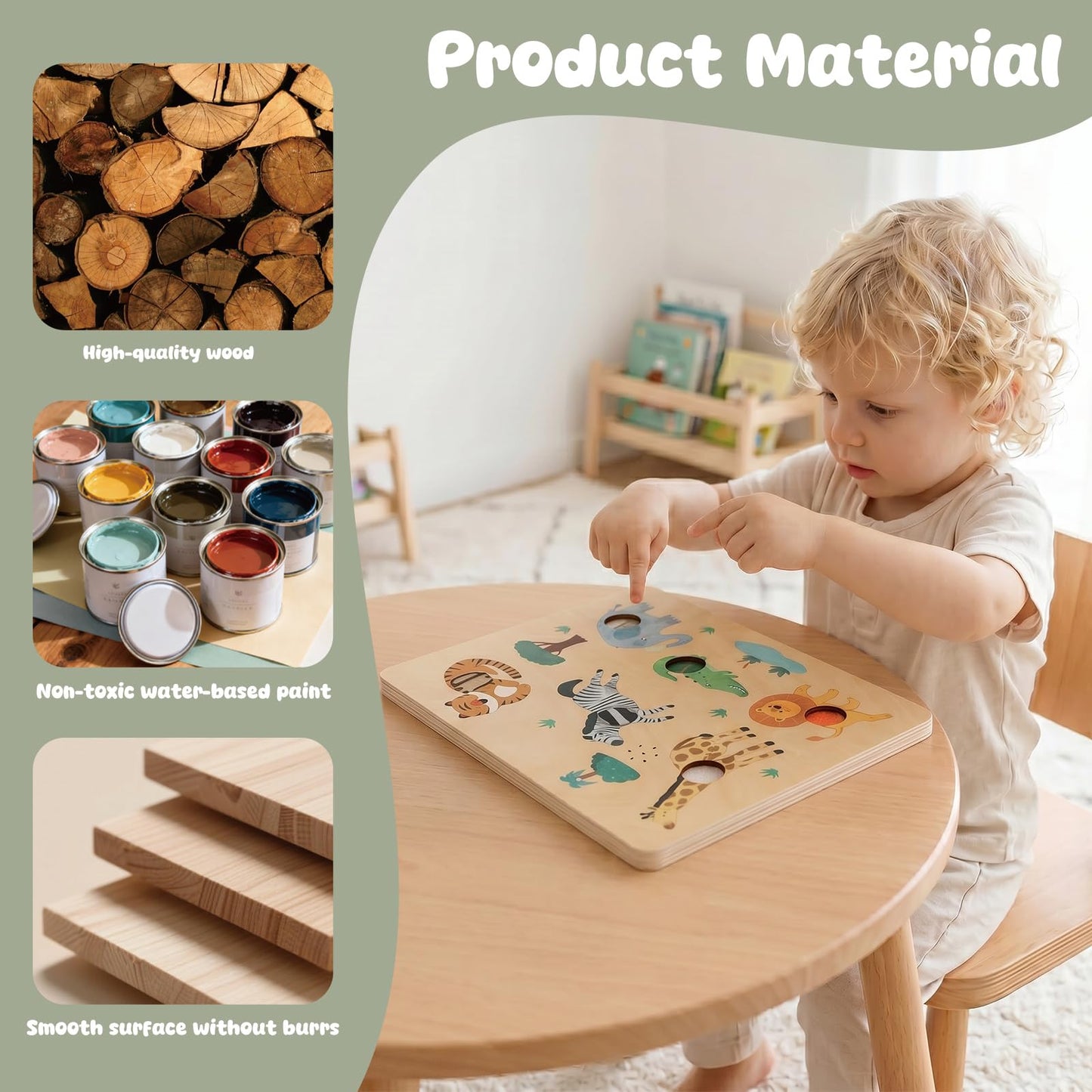 Freniland Press-to-Play Wild Animal Sound Puzzle for Toddlers, Wooden Safari Sound Board with Push Buttons, Montessori Learning Toy for 18M+