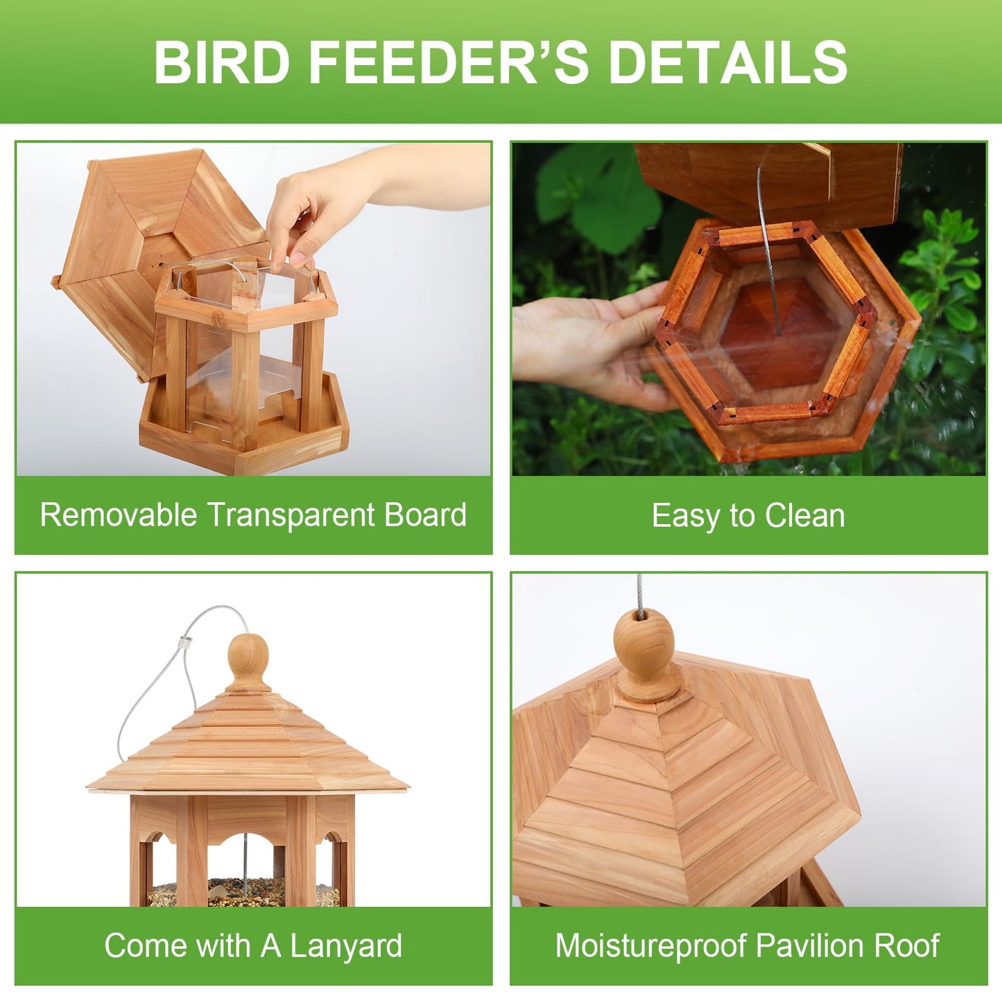 Liawm Wooden Bird Feeder for Outdoors Hanging, Red Cedar Hexagon Shaped Large Capacity, Cardinal Birdfeeder for Garden Decoration Yard, Weatherproof and Durable(Medium)