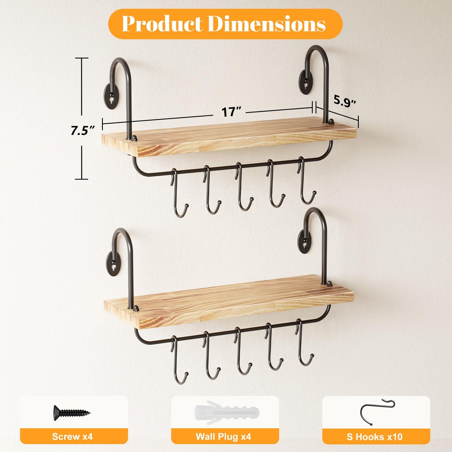 Olakee Floating Wall Shelves for Kitchen Bathroom Coffee Nook with 10 Adjustable Hooks for Coffee Mugs, Coffee Bar Organizer and Decor, Rustic Storage Shelves Set of 2