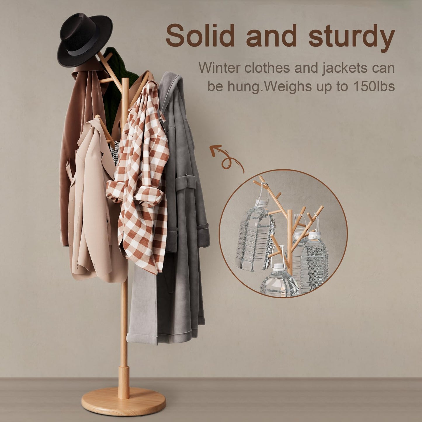 Muwuele Coat Rack,Solid Wood Coat Rack Freestanding with 12 Hooks,Coat tree freestanding 3 Adjustable Heights for coat, Hats, Handbags，Coat Stand for Entryway,Bedroom (Natural)