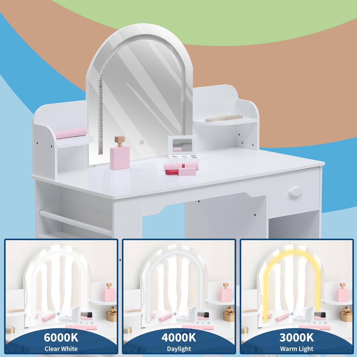 GarveeLife Kids Vanity with Lighted Mirror & Stool, Toddler Vanity Set for Little Girls, Girls Vanity Set with Adjustable LED Light & Bookshelf, Wooden Makeup Playset, (White Ages 3-9)