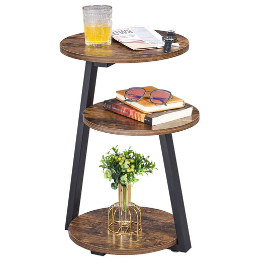 BEWISHOME Round Side Table, 3-Tier End Table, Nightstand with Metal Frame, Vintage Accent Table for Small Spaces with Storage Shelf, Living Room, Bedroom, Brown, 15.35"L x 13.78"W x 23.62"H, KTZ41Z