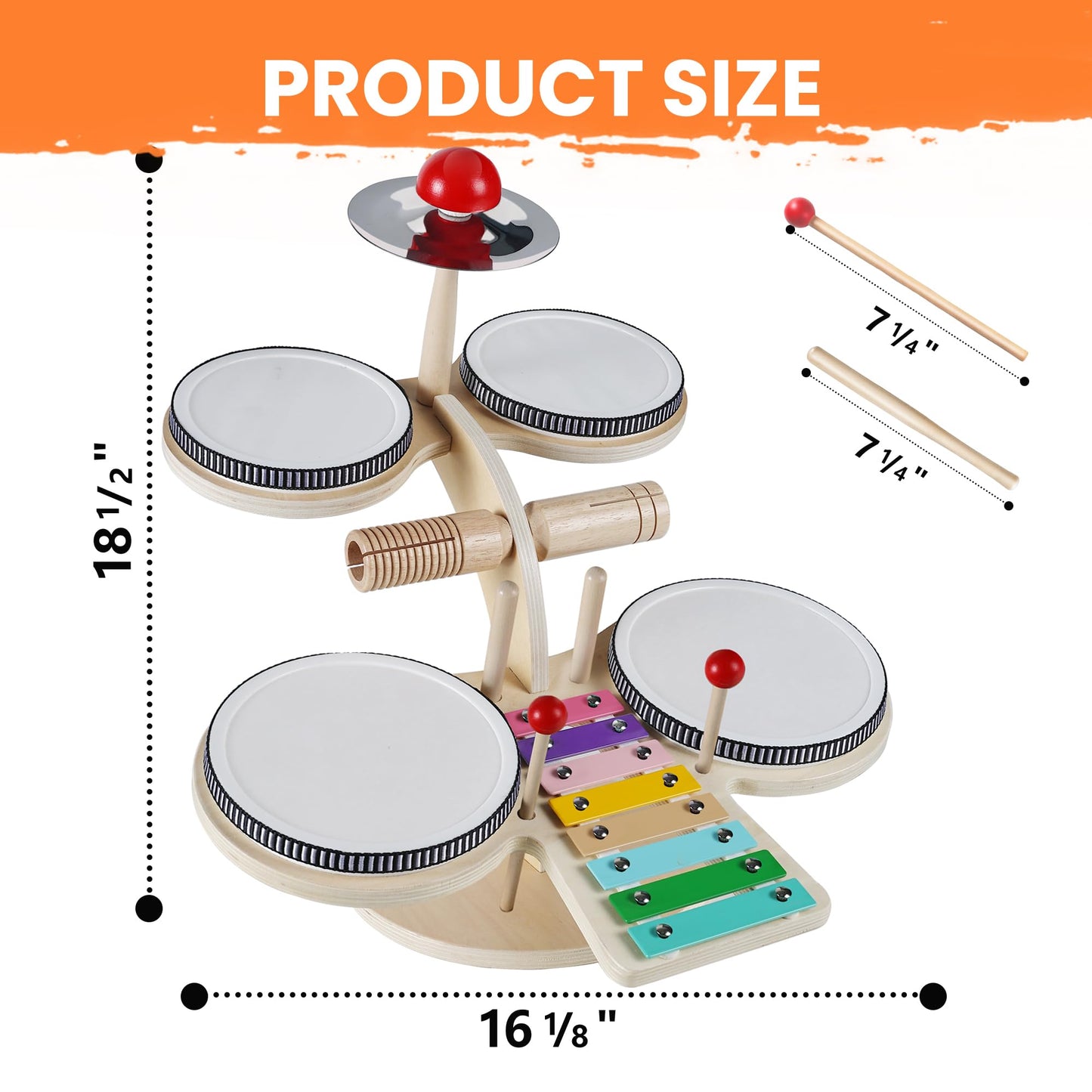 iPlay, iLearn Toddler Wooden Drum Set, Kids Musical Instruments Toy, 8 in 1 Percussion Drum Kit W/Xylophone Cymbal, Baby Montessori Learning Birthday Gifts for 18 Month, 2 3 4 5 6 Year Old Boy Girl