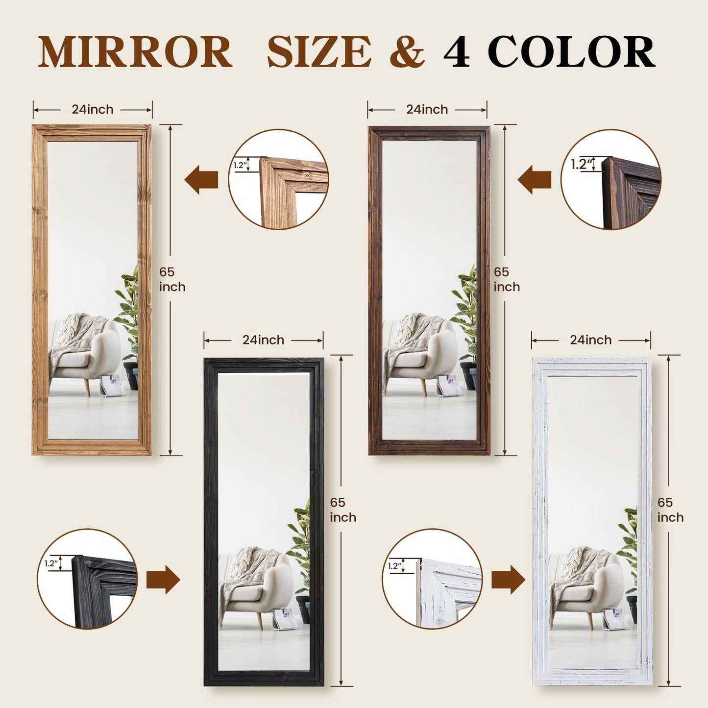 ABSWHLM Full Length Mirror 65"x24" Solid Wood Frame Floor Large Mirror for Living Room, Bedroom Hanging or Leaning Wall-Mounted, Light Brown