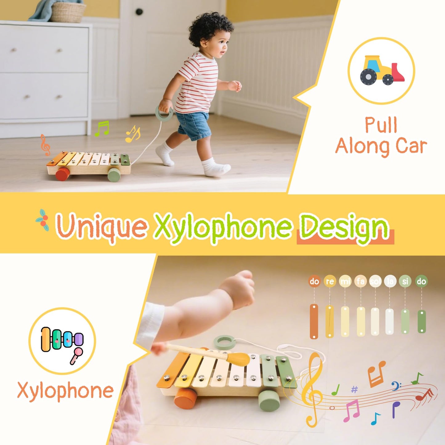 Pajojoqa 7pcs Musical Instruments Set 18M+ Montessori Toys 2 3 4 Neutral Colors Wooden Toys for Toddlers 3-5 Percussion Instruments Modern Boho Xylophone Sensory Gifts Boys Girls