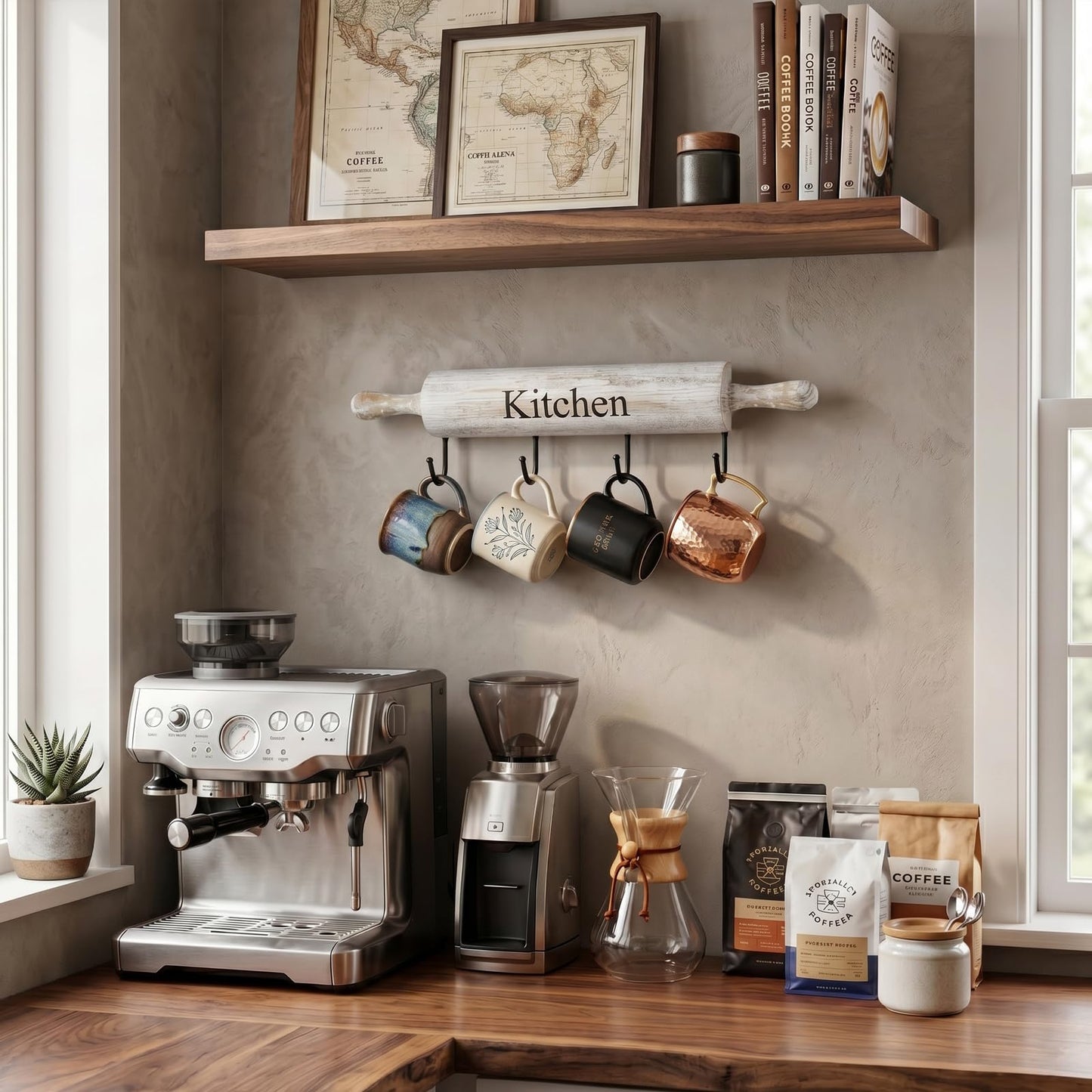 MyGift Wall Mounted Kitchen Utensil Rack, Rustic White Washed Wood Rolling Pin Cooking Tool Hanger with 4 Hooks for Aprons, Dish Towel, Mugs, Spoons