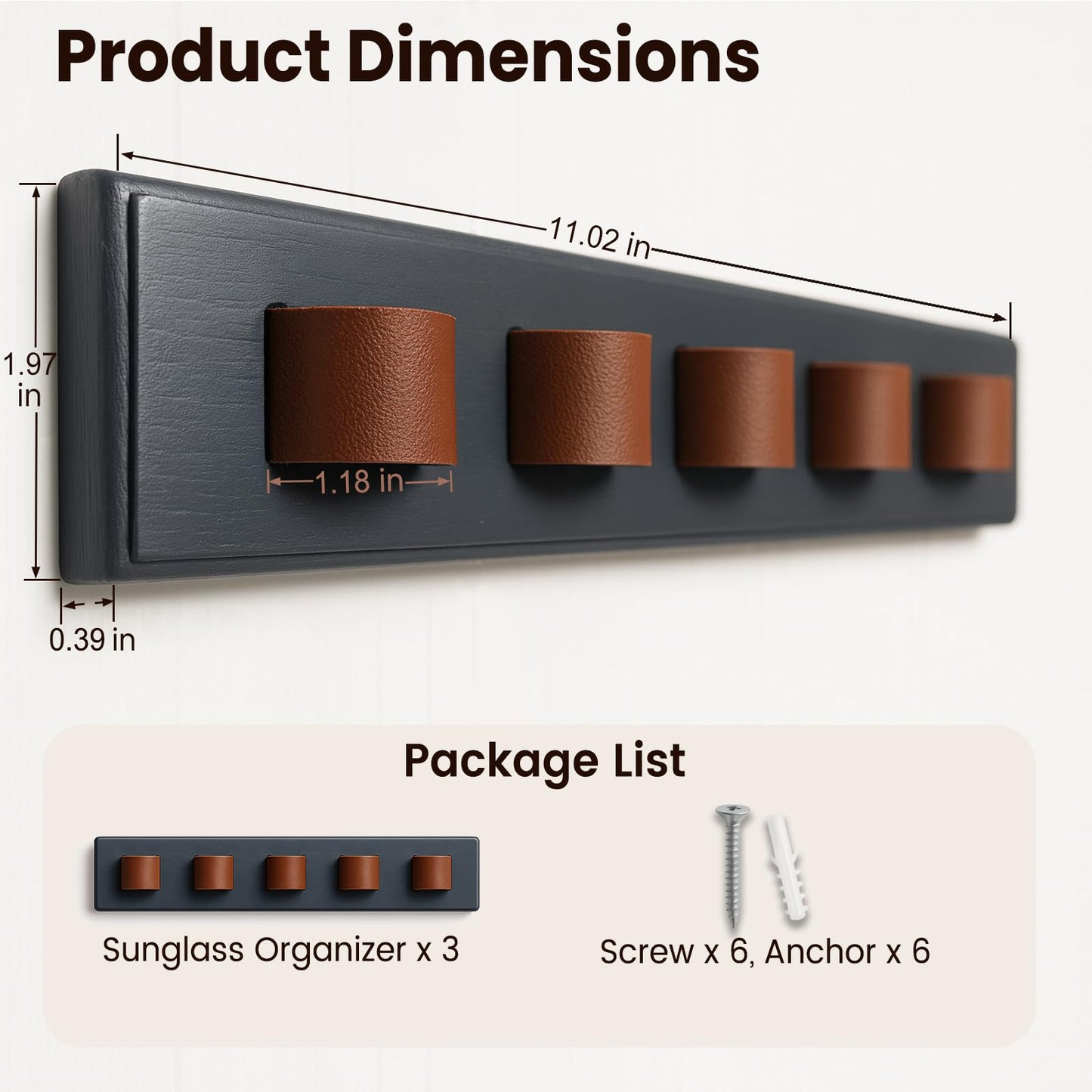 Udduwic 3 Pack Sunglasses Organizer, Wall Mounted Sunglass Rack, Wooden Sunglasses Holder Glasses Organizer for Wall, Home Decor, Dark Grey