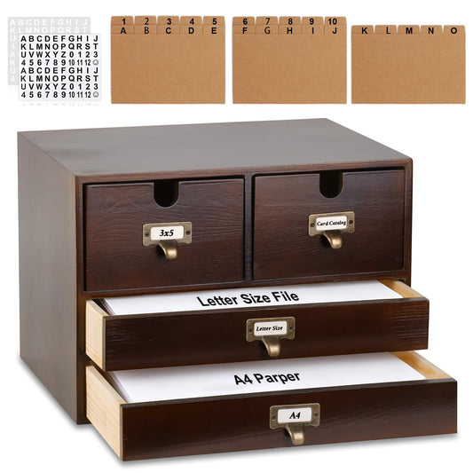 3 Tier 4 Drawers 3x5 Index Card Holder Wood Letter Size File Holder A4 Paper Storage Drawers Vintage Card Catalog Desktop Apothecary Cabinet with Drawers Library Card Cabinet 25 Dividers 2 Stickers