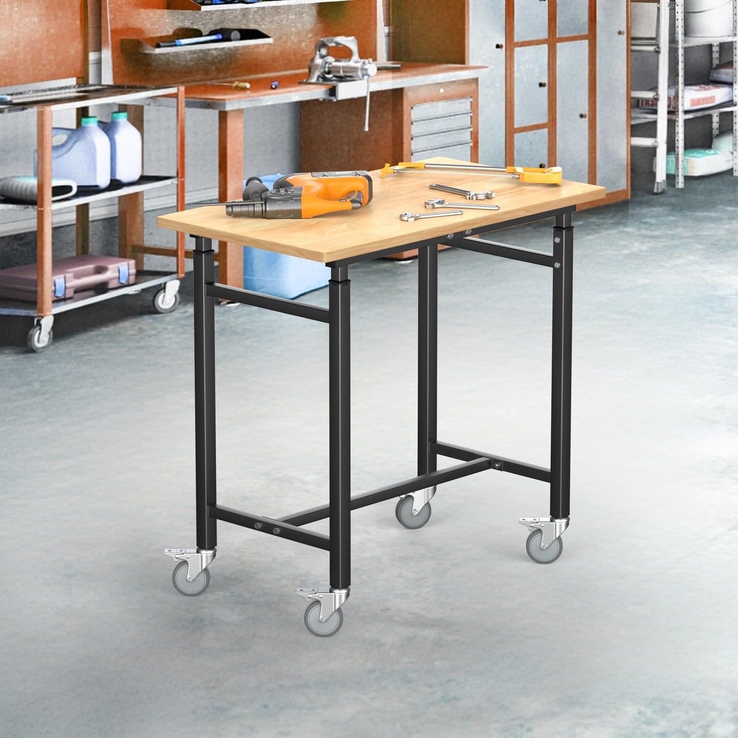 TORACK Adjustable Workbench with Rubberwood Top, Rolling 32" x 18" Heavy-Duty Garage Work Table with Wheels, Height Adjustable 28"–38"