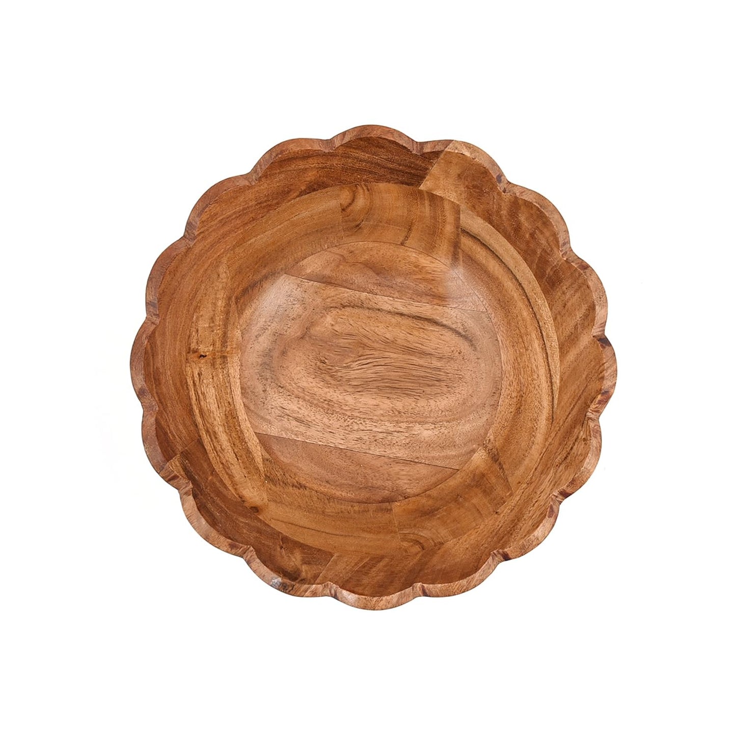 Salad Bowl Acacia Wood Elegant Scalloped Bowl Handcrafted for Salads, Fruits, – Stylish Wooden Kitchen & Tabletop Accessory (9" x 9" x 4")