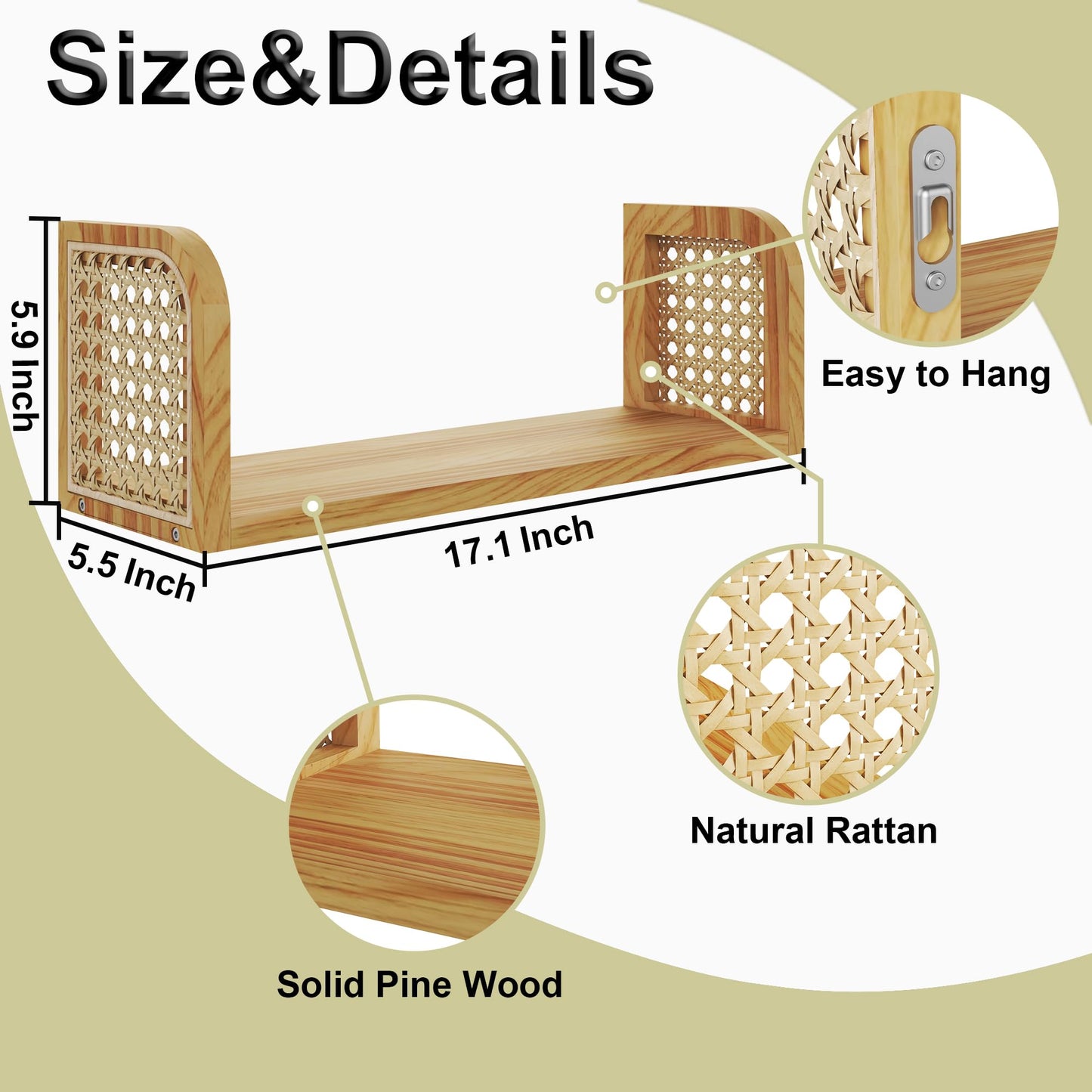 LUPWNEKA 17 Inch Rattan Wall Shelf, Wooden Hanging Bookshelf Storage, Natural Cute Nursery Shelves Wall Mounted, Boho Decorative Floating Shelves for Kids Room, Living Room, Play Room, Bedroom