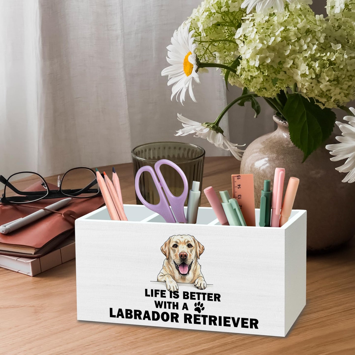 DILSJ Labrador Retriever Gifts Pen Pencil Holder Organizer For Desk, Dog Mom Dad Lovers Gifts, Life Is Better With Labrador Retriever Wooden Box Signs For Home Office Desk Tabletop Decoration