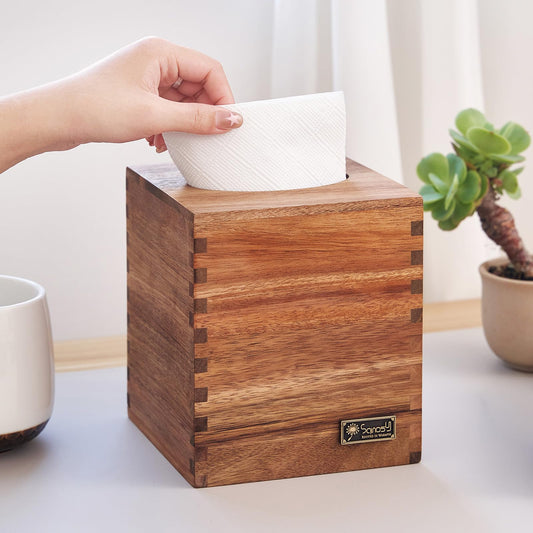 SANOSY Acacia Wood Tissue Box Cover and Holder for Kleenex, Rectangle, and Cube Boxes, Decorative Facial Cube Organizer for Modern Farmhouse Decor on Tabletop, Nightstand, Bathroom, Office.