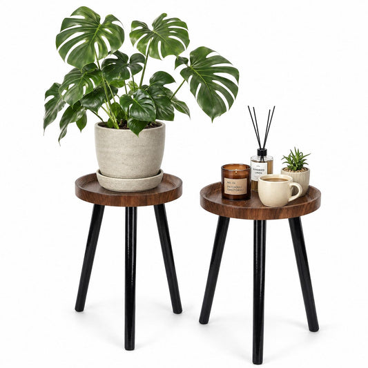 B BAMBERG Indoor plant stand, walnut-colored medieval-style wooden plant table, tall planter stand, modern round side table, suitable for living room, bedroom, and balcony decoration (2 pcs)