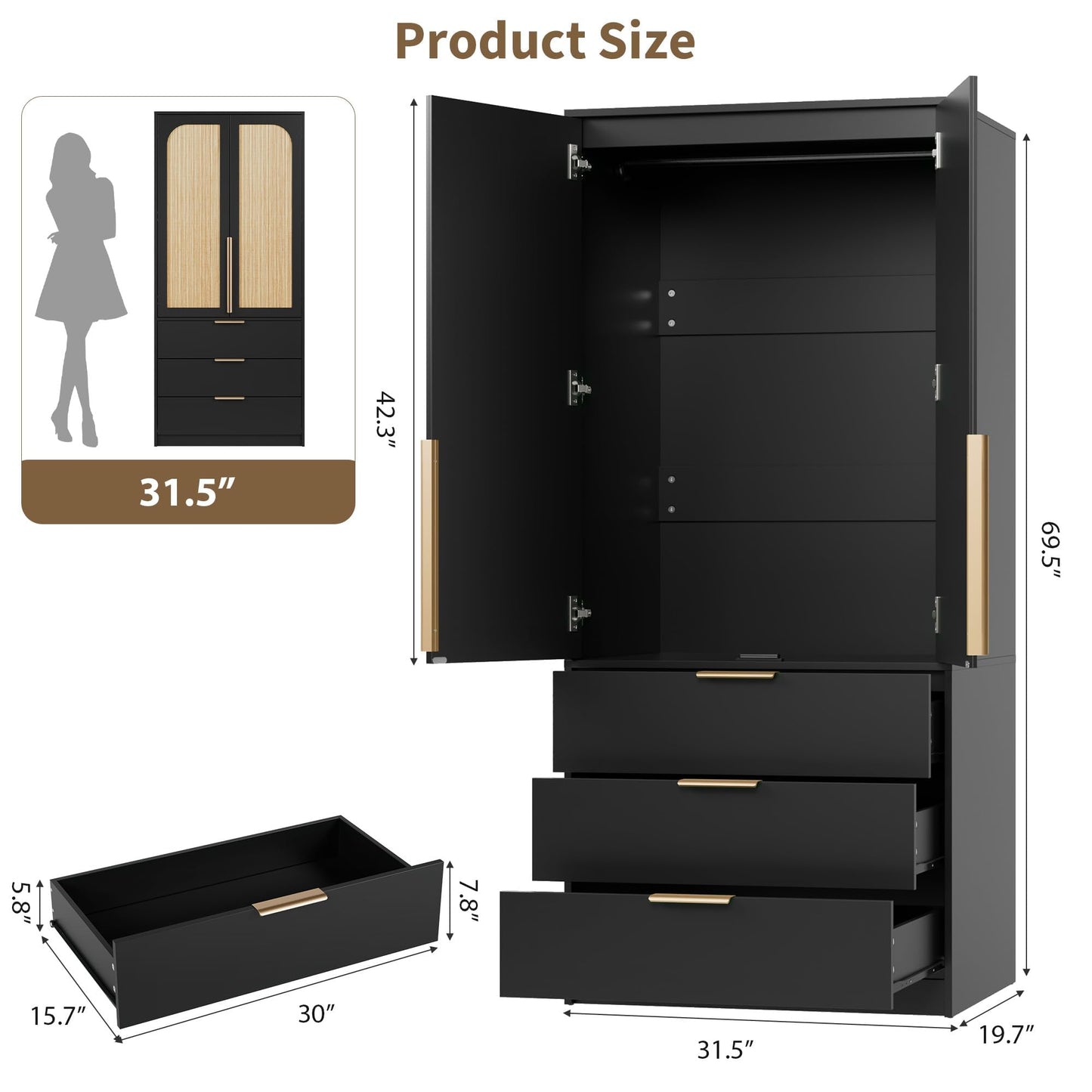 Garvee 70" Wardrobe Armoire Wooden Closet with 2 Doors and 3 Drawers, Bedroom Armoire with Hanging Rod Shelf, Large Capacity Storage Wardrobe Armoire, Freestanding Wooden Closet Storage Cabinet