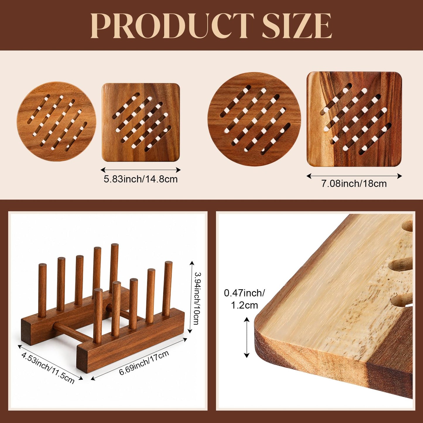 Yungyan 5 Pcs Acacia Trivet Mat and Trivet Holder Set 5.8 inch 7 inch Thicken Acacia Wood Hot Pads Trivets Heat Resistant Pads for Hot Dishes Pot Bowl Teapot, 2 Square 2 Round 1 Storage Rack