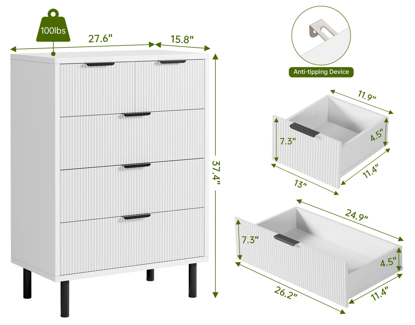 GarveeHome White Wave Fluted 5 Drawer Dresser for Bedroom, Modern Wood Chest of Drawers with Wide Drawers, Closet Dresser Organizer with Anti-Tipping Device and Metal Legs for Hallway Entryway