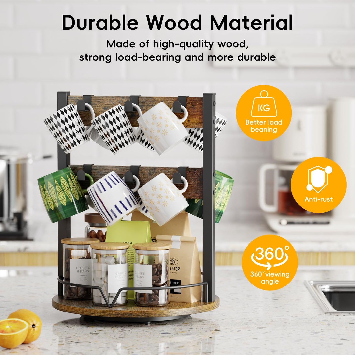 KLM Wood Coffee Mug Holder,12 Hook Mug Tree Holder Rack with Storage Base,Mug Display Organizer,Mug Holders for Home Kitchen,Support 360° rotation for easy access