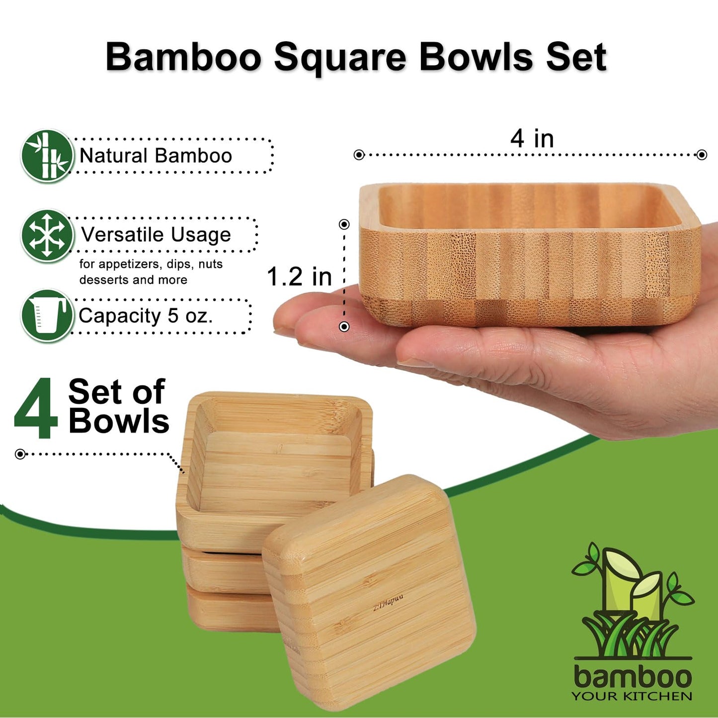 ZTHapwa Bamboo Wooden Bowls Set, 4-inch Square Snack Bowls for Appetizers, Dips, Nuts Desserts and More, Small Reusable Wooden Serving Bowl for Dinner Party and Entertaining, Eco Friendly (4 Pcs)