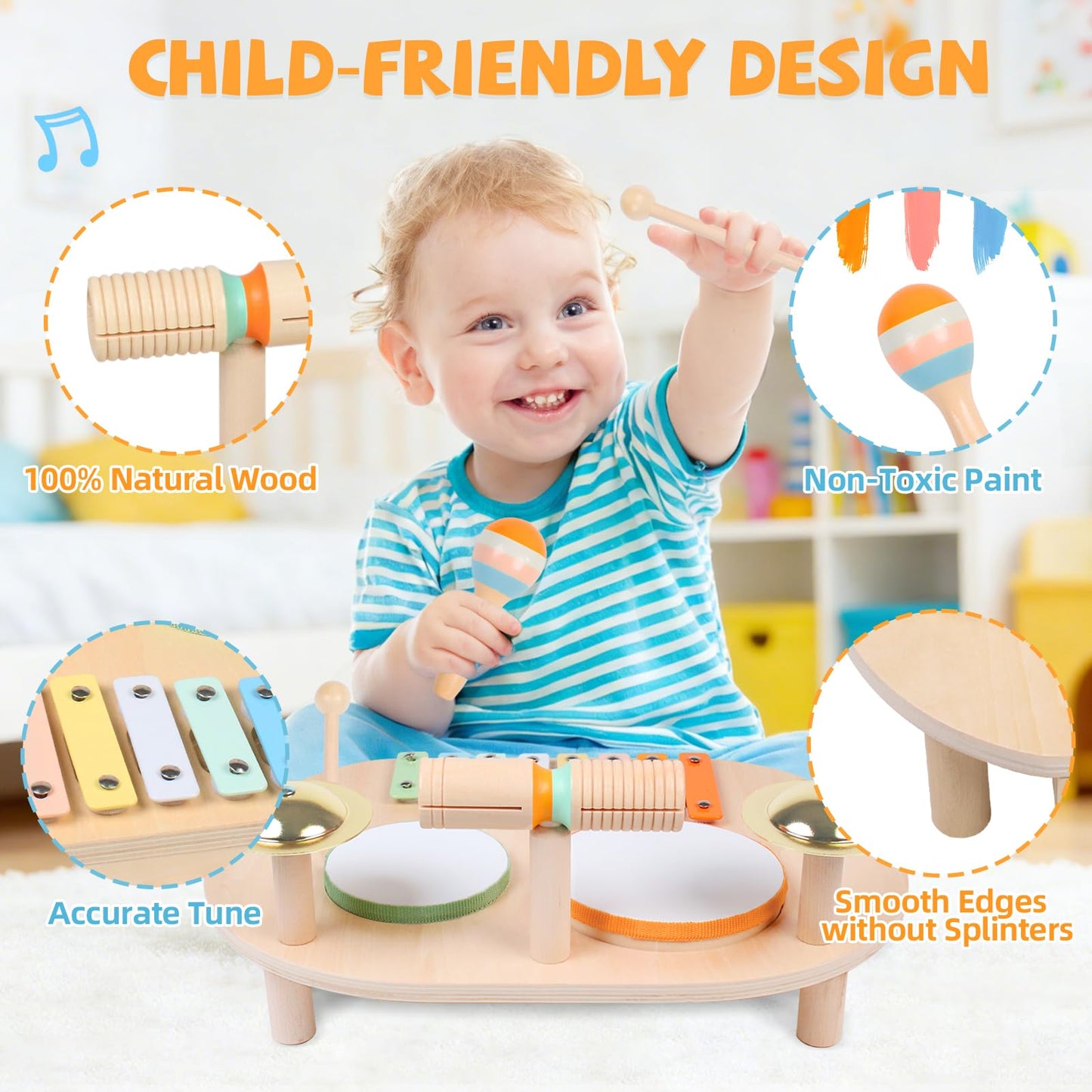 YHHYTOY Baby Drum Set, Wooden Baby Musical Instruments for Toddlers 1-3, Musical Activity Table Percussion Set with Xylophone Cymbal Piano, Montessori Christmas Preschool Birthday Gifts for Kids