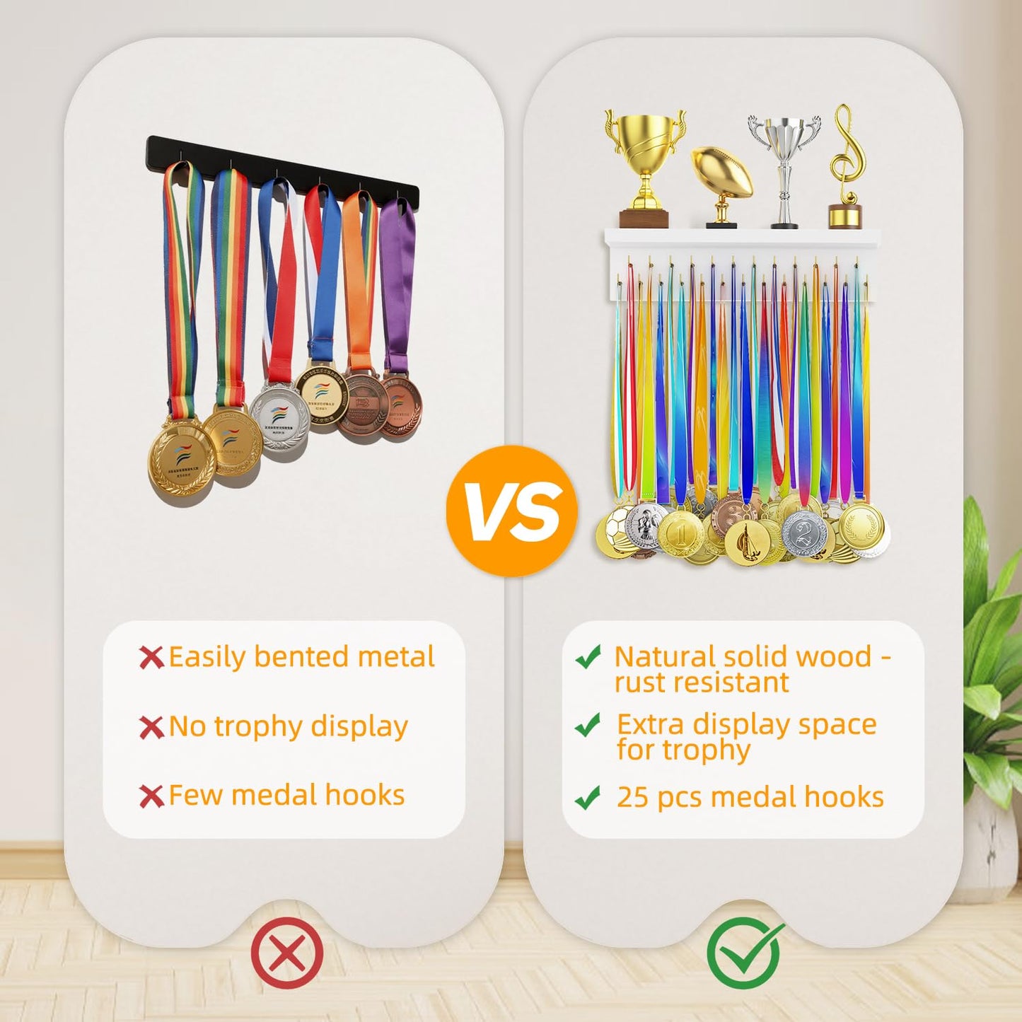 D.S.Exthefic Medal Hanger Display and Trophy Shelf Organizer, Wooden Wall Mount Ribbon Holder with 25 Steel Hooks, Race Awards Storage Rack Stand for Sports Enthusiasts, White with Golden Peg