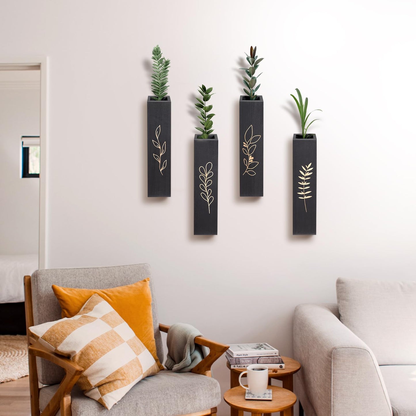 BOTOP Wood Wall Planter, Farmhouse 4 Pack Indoor Pocket Wall Vases Decor for Living Room Bedroom Dried Flowers Faux Greenery Plants (Black)