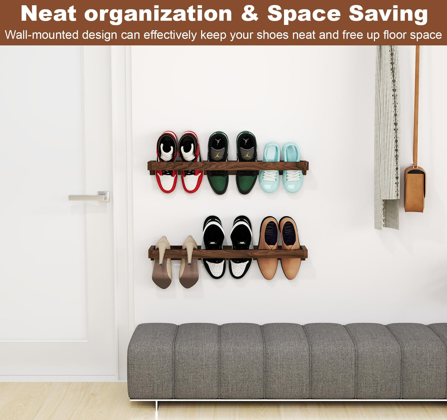 lesolar Wall Mounted Shoe Rack 30in, Hanging Shoe Organizer Rack 4 Pack, Solid Wood Shoe Storage Rack Rustic Burnt, Wooden Shoe Shelf Rack, Hanging Shoe Organizer Holder for Closet Door RV Entryway