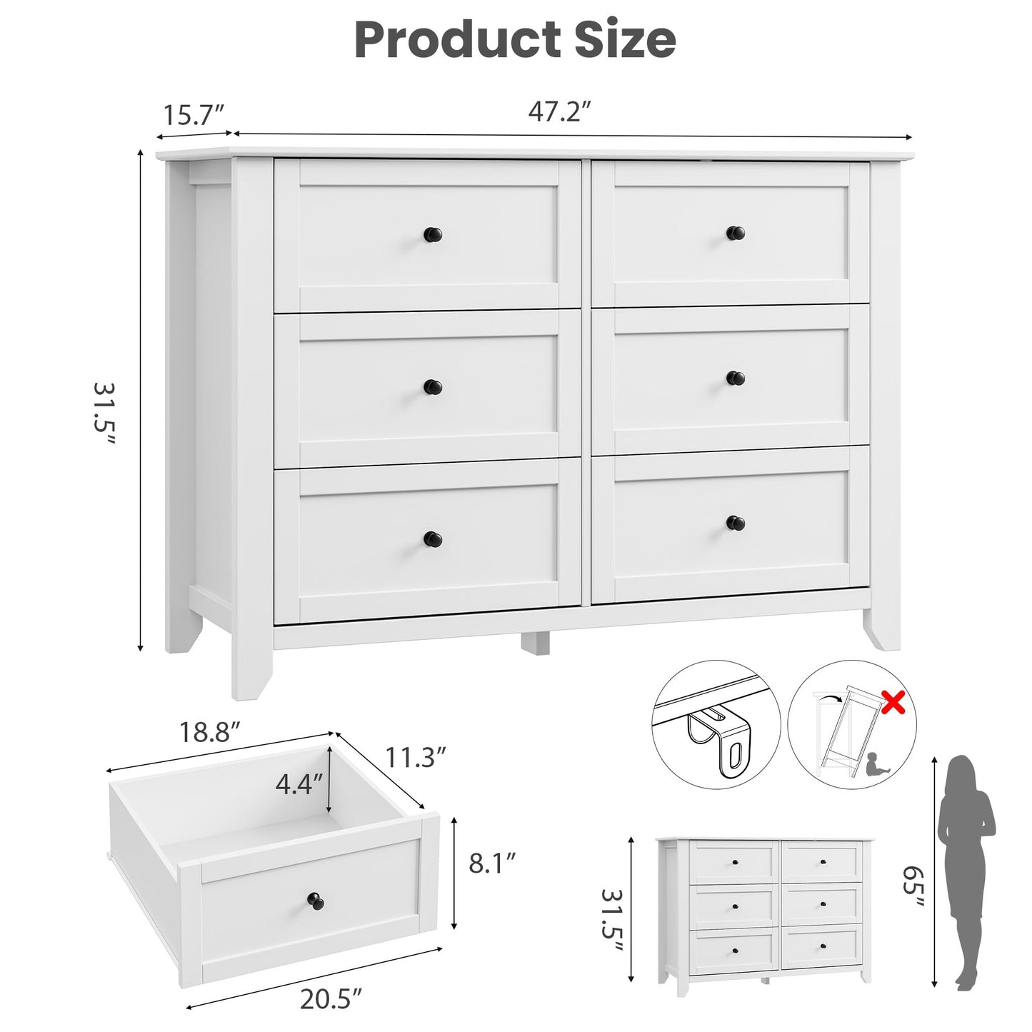 Garvee 6 Drawer Dresser for Bedroom, 47.2" Wide Modern Large Chest of Drawers with Metal Knobs, Wooden Clothes Storage Organizer for Closet, Nursery, Living Room, Apartment, White