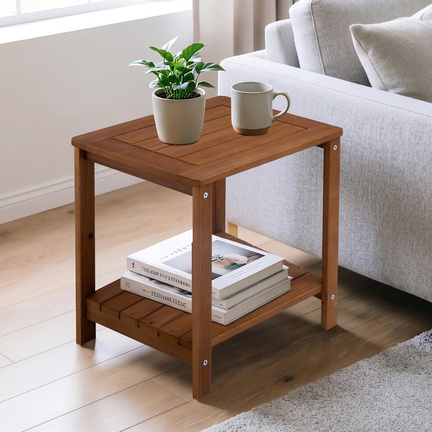 PHOARTS Solid Fir Wood Outdoor Side Table,2 Tier Small Patio End Table with Slatted Storage Shelf,Wooden Accent Table for Porch,Poolside,Garden,Living Room, Bedroom, 16.5 x 12.7 x 17 in,Brown