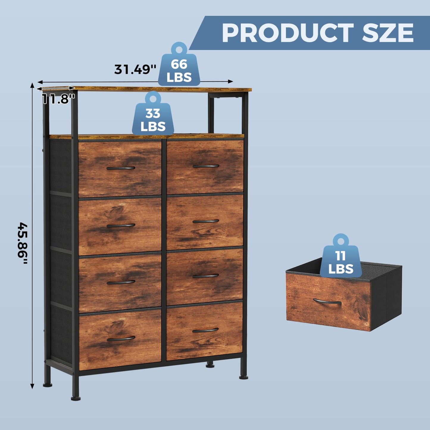 DUMOS Fabric Dresser for Bedroom with 8 Drawers, Tall 8-Drawer Chest of Drawers with Raised Shelf, Storage Tower with Fabric Bins for Closet Organization, Hallway Storage, Brown