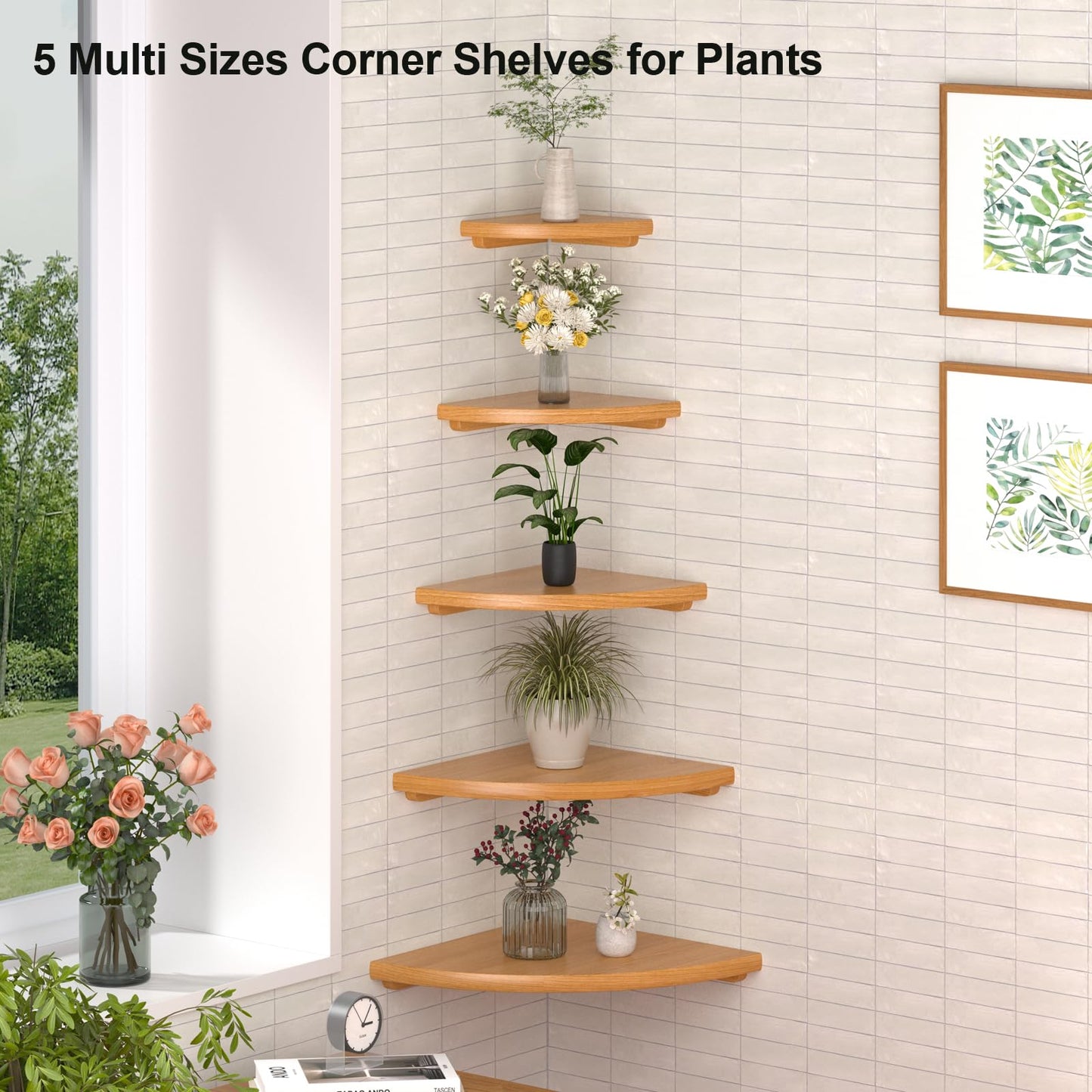 Gieanoo Corner Floating Shelf 9inch Solid Oak Wood Floating Corner Shelf with Wire Hole Corner Wall Mount Storage Display Shelves for Living Room Bedroom Bathroom Kitchen