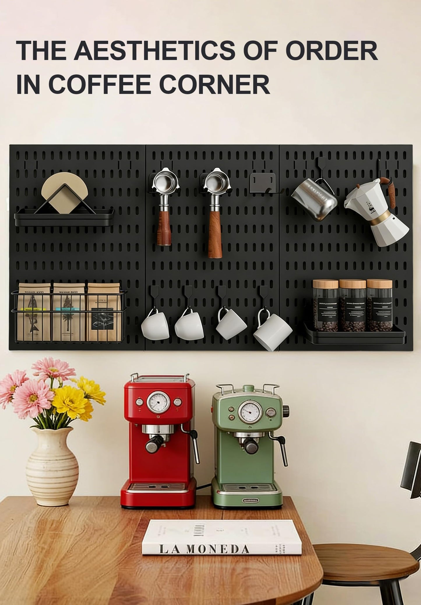 Txjyuyy Coffee Pegboard Wall Storage Set – Wall-Mounted Coffee Mug Holder with Hooks, Cup Racks & Baskets– Home & Office Coffee Stations （Black）