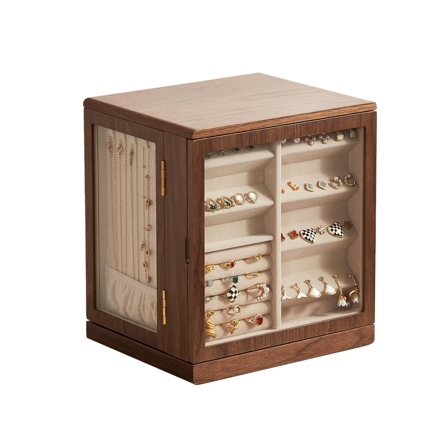 Homruilink Black Walnut Wooden Jewelry Box - 360° Rotating Jewelry Organizer for Women with 5 Drawers for Rings,Necklaces,Earrings and Bracelets -Large Storage Case - Fathers Day Gift
