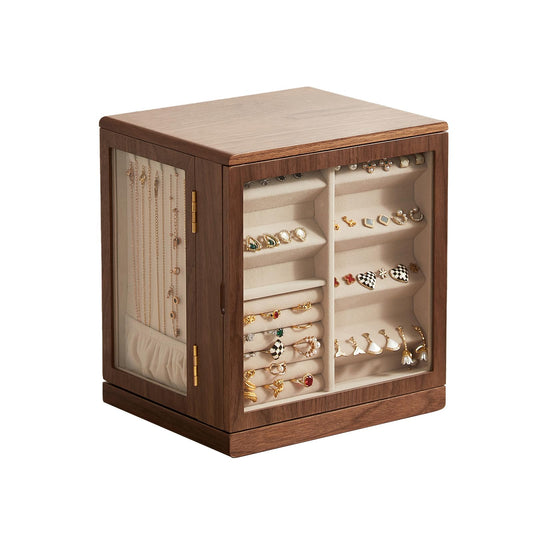 Homruilink Black Walnut Wooden Jewelry Box - 360° Rotating Jewelry Organizer for Women with 5 Drawers for Rings,Necklaces,Earrings and Bracelets -Large Storage Case - Fathers Day Gift