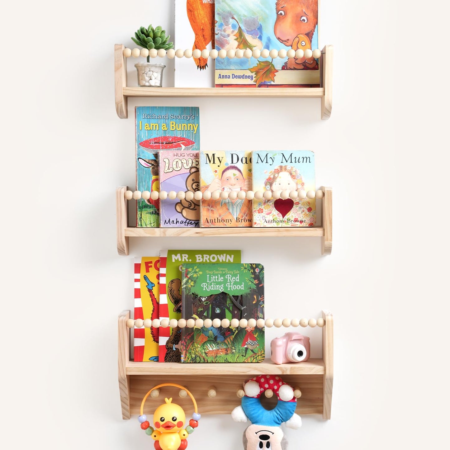 HiMummy Nursery Floating Shelves for Kids Rooms – 16 Inches Floating Wall Bookshelves, Space - Saving for Kids Room, Bedroom and Study Room,Set of 3 (Pre-Strung Bead Strings)