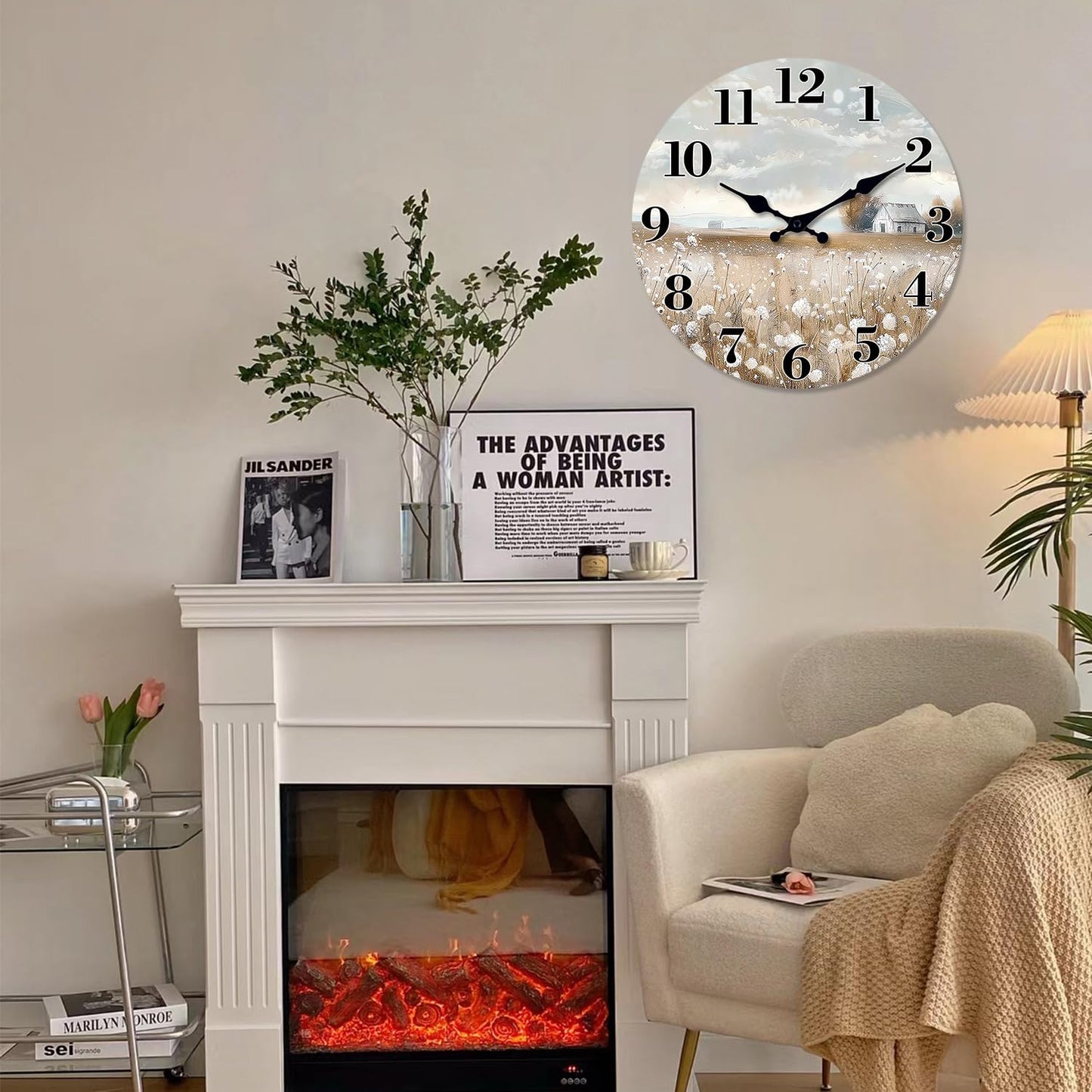 XFM Farmhouse Wall Clock for Living Room Decor 16 Inch Battery Operated Silent Non-Ticking Wooden Wall Clocks Rustic Country Flower Field Decorative Clock