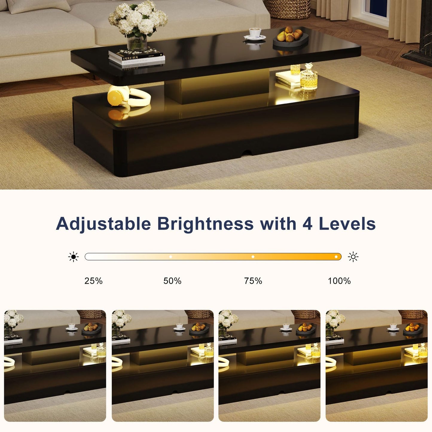 MXV Modern Coffee Table, 40 Inches Coffee Tables with 16 Colors LED Lights, 2 Tier Rectangular Center Table, Large Storage Space, High Glossy Wooden Tea Table for Living Room, Bedroom, Office, Black