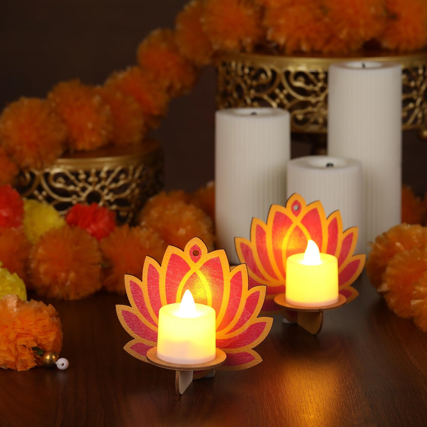 Yalikop 12 Pack Diwali Decoration 4 x 4 Inch Jharokha Lotus Design Wooden Candle Holder Tea Light Diya Holder Traditional Lotus Box Decor for Deepavali Decoration Festive Wall Decor DIY Craft