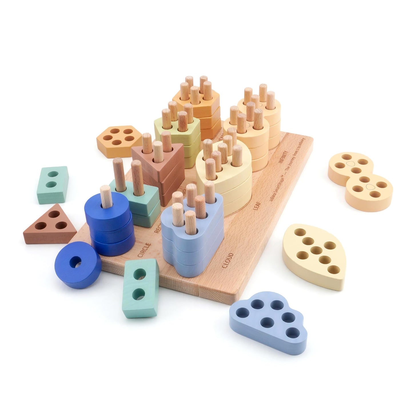 Infivra SmartShape — Montessori Wooden Shape Sorter with Cloud, Leaf & Infinity Shapes, Progressive 1-to-8 Peg Stacking Board for Toddlers 1-5, Fine Motor Learning Toy & Heirloom Gift