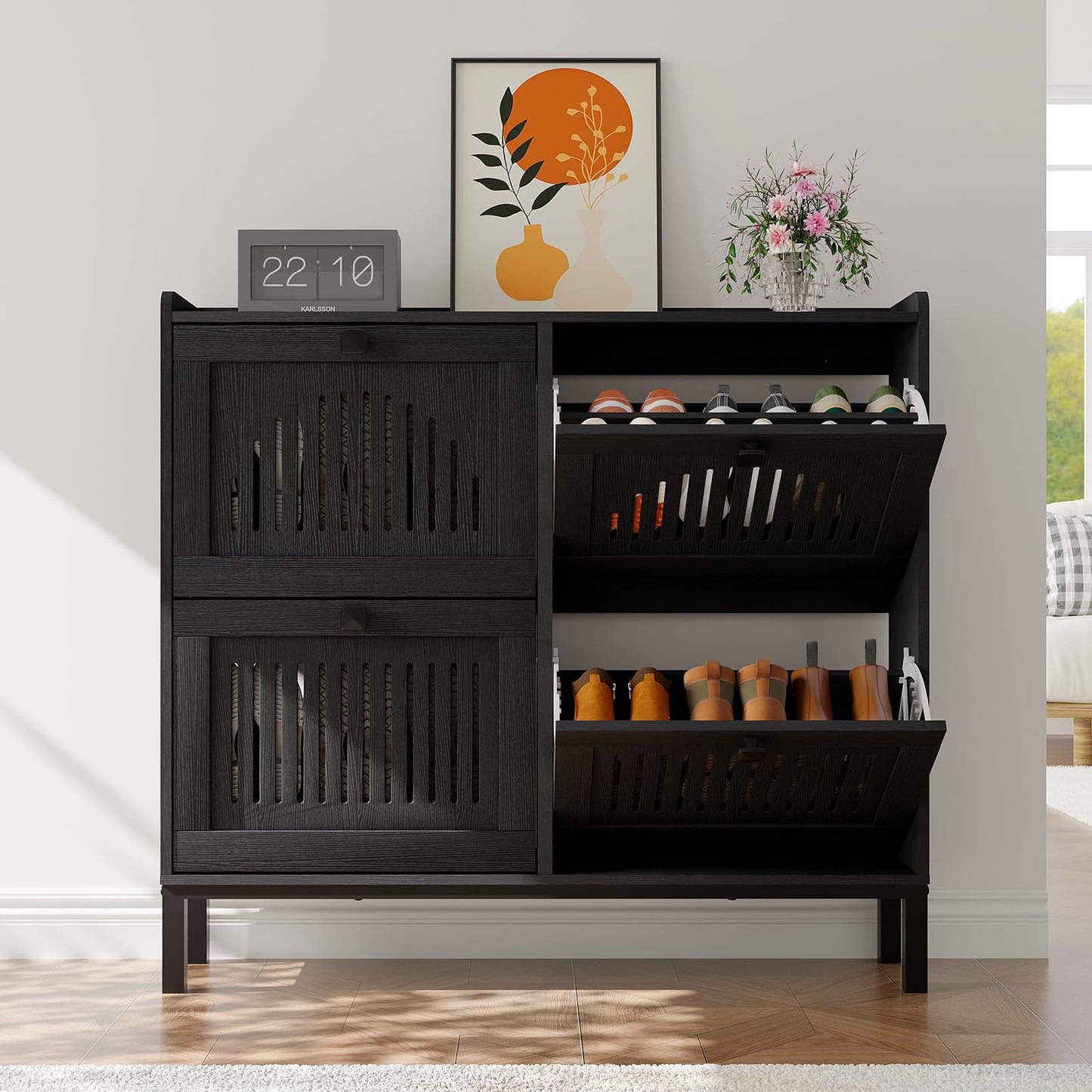 4-Door Flip Front Shoe Cabinet with Adjustable Shelves – Hidden Entryway Storage Organizer for Hallway, Foyer, Living Room – Freestanding Wooden Shoe Rack with Large Capacity & Modern Design, Black