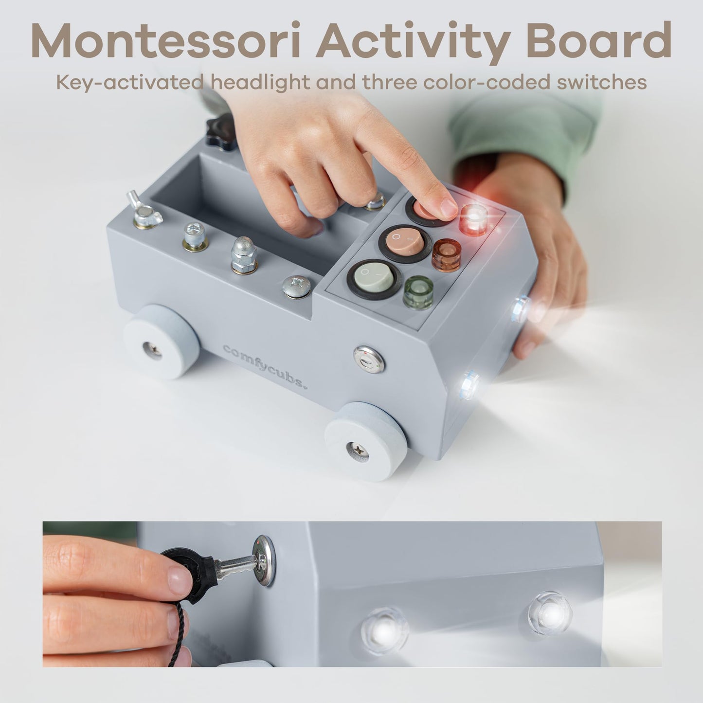 Comfy Cubs Busy Board Toy Truck Set - Fun & Noise-Free, Pine Wood Activity Board for Toddlers with LED Light Switch - Designed in the US, Focused & Engaging Montessori Play for Kids 3+ (Pacific Blue)