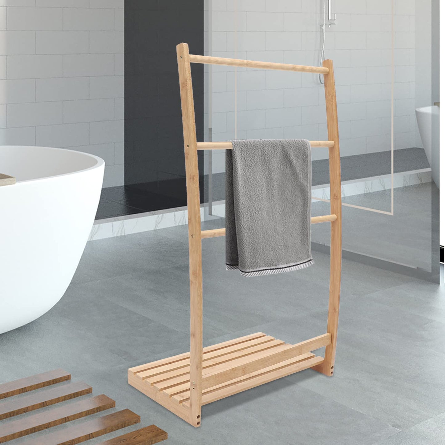 3 Tier Bamboo Towel Rack, Free-Standing Ladder Shelf with Bottom Storage Shelf, Quilt Blanket Rack Stand,Towel Ladder Storage Organizer Holder for Bathroom Home Hotel