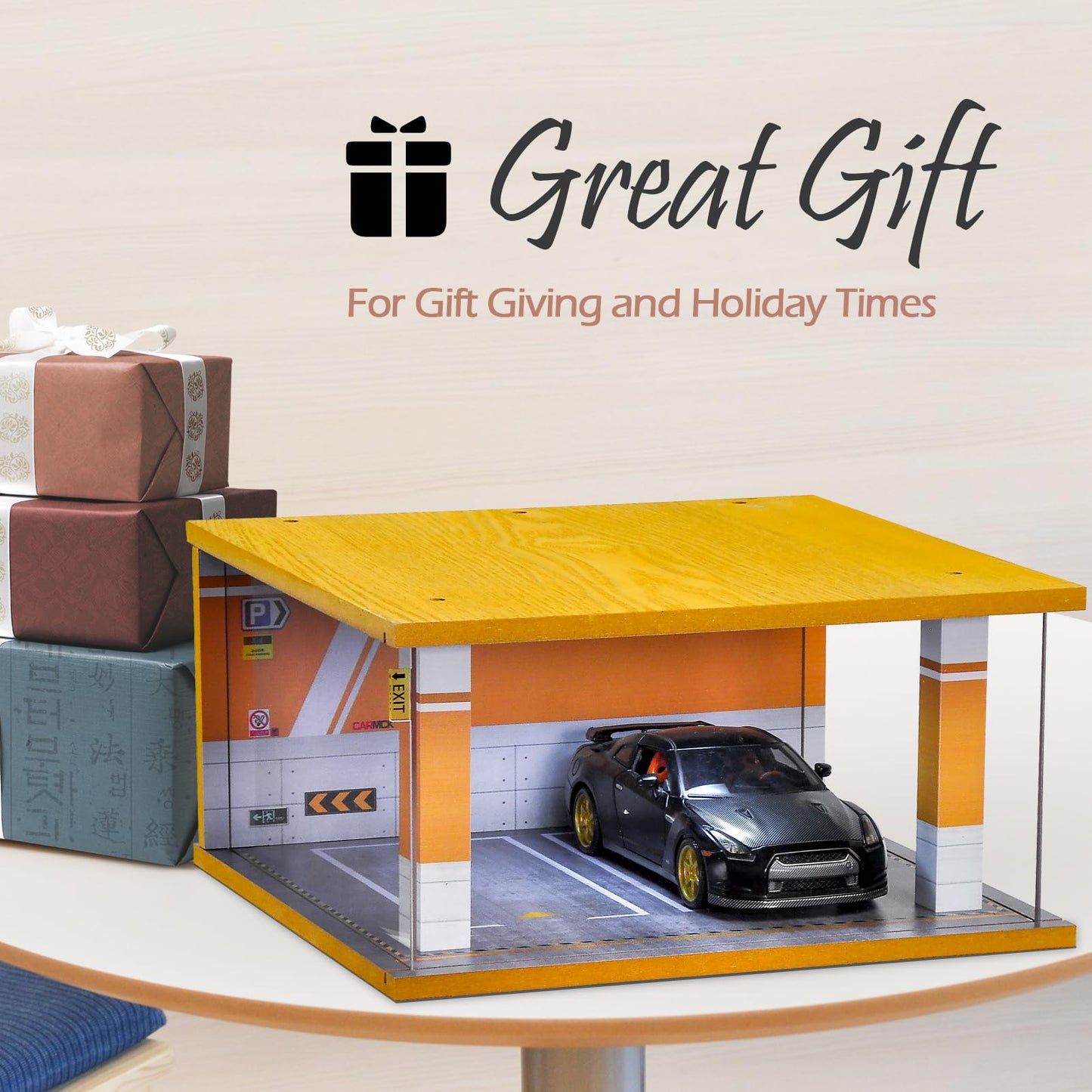cxiiuui Display Case Car Acrylic Cover 1/24 Scale Parking Garage Wooden Diecast Car Show Case 2 Parking Spaces Yellow and White