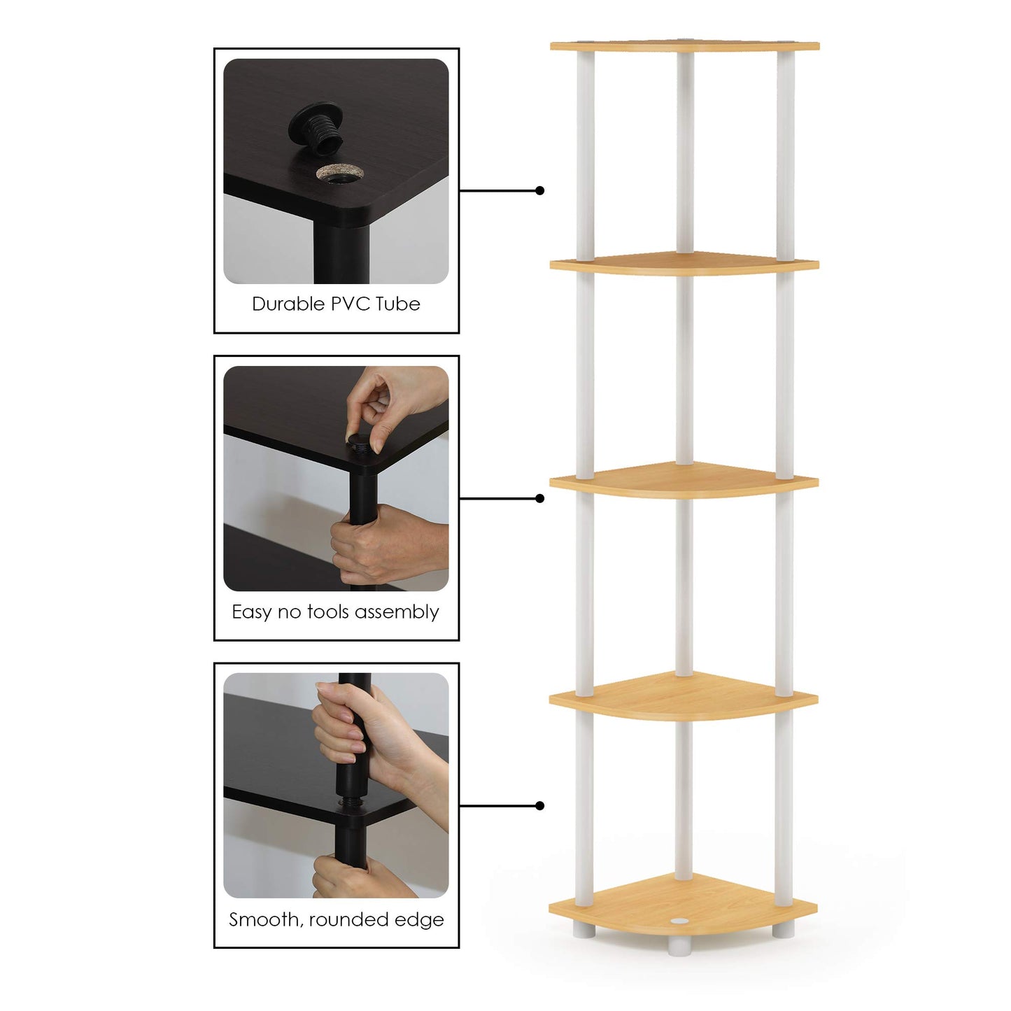 Furinno TURN-N-TUBE Corner Shelf, 5-Tier Corner Bookshelf, Open Storage Shelves, for Organization and Storage, Living Room, Home Office, Garage, Bedroom, Beech