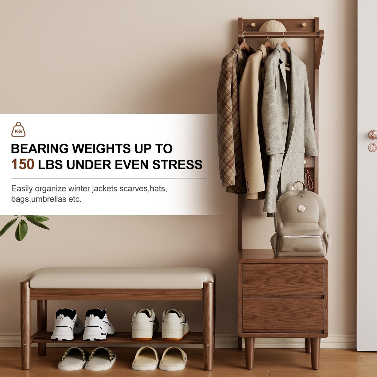 Solid Wood Coat Rack Freestanding,Standing Coat Rack with 2 drawers,Clothing Racks for Hanging Clothes,Narrow Hall Tree with Storage,Walnut Nightstand with 6 Coat Hooks for Bedroom Entryway Corner
